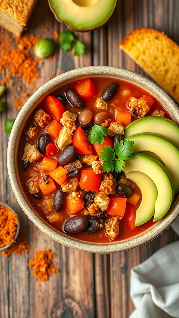 A hearty bowl of quinoa chicken chili with beans and tomatoes, garnished with cilantro and avocado, on a rustic table with cornbread.
